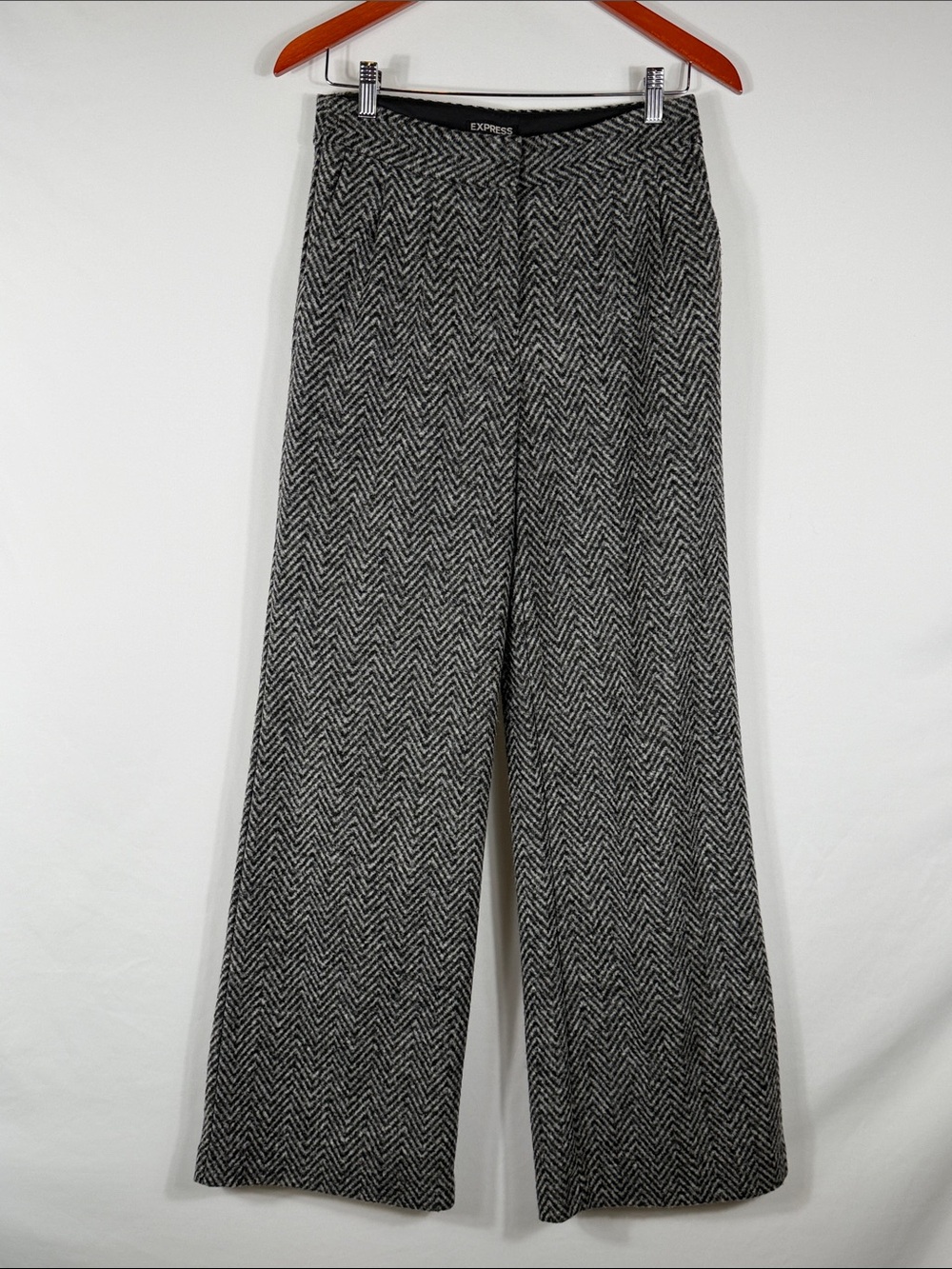 Express Wool Blend Black & White Herringbone Wide-Leg Trousers. Lined. Size 4R